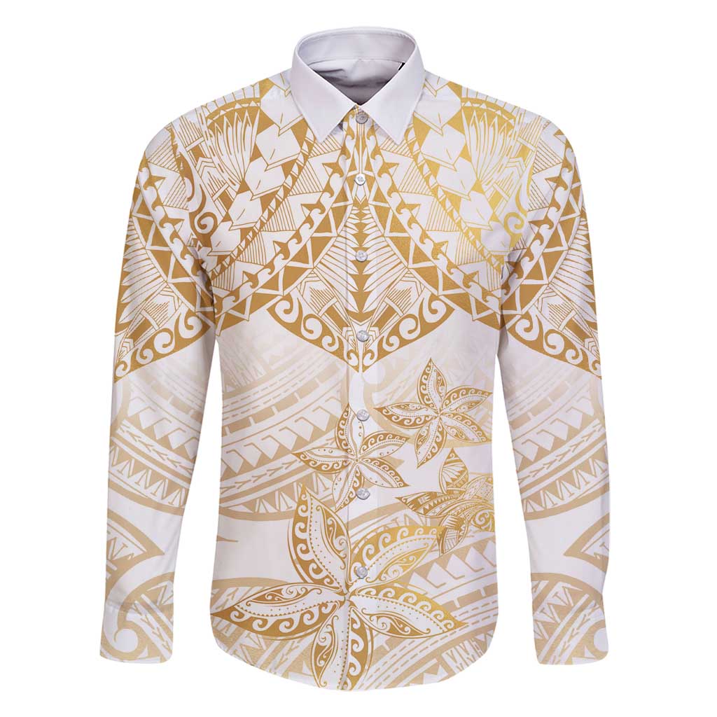 White and Gold Polynesia Family Matching Off Shoulder Maxi Dress and Hawaiian Shirt Plumeria Tattoo With Polynesian Pattern