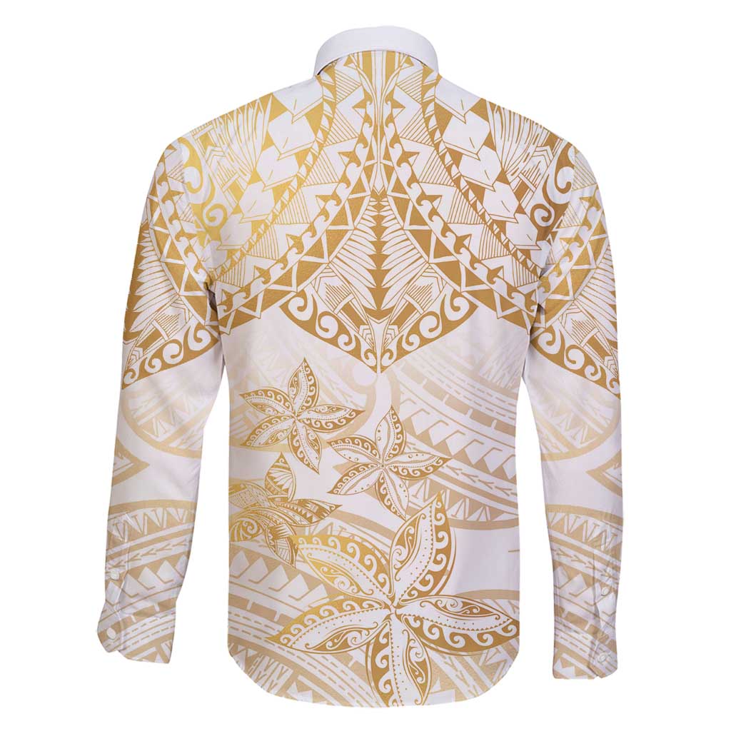 White and Gold Polynesia Family Matching Off Shoulder Maxi Dress and Hawaiian Shirt Plumeria Tattoo With Polynesian Pattern