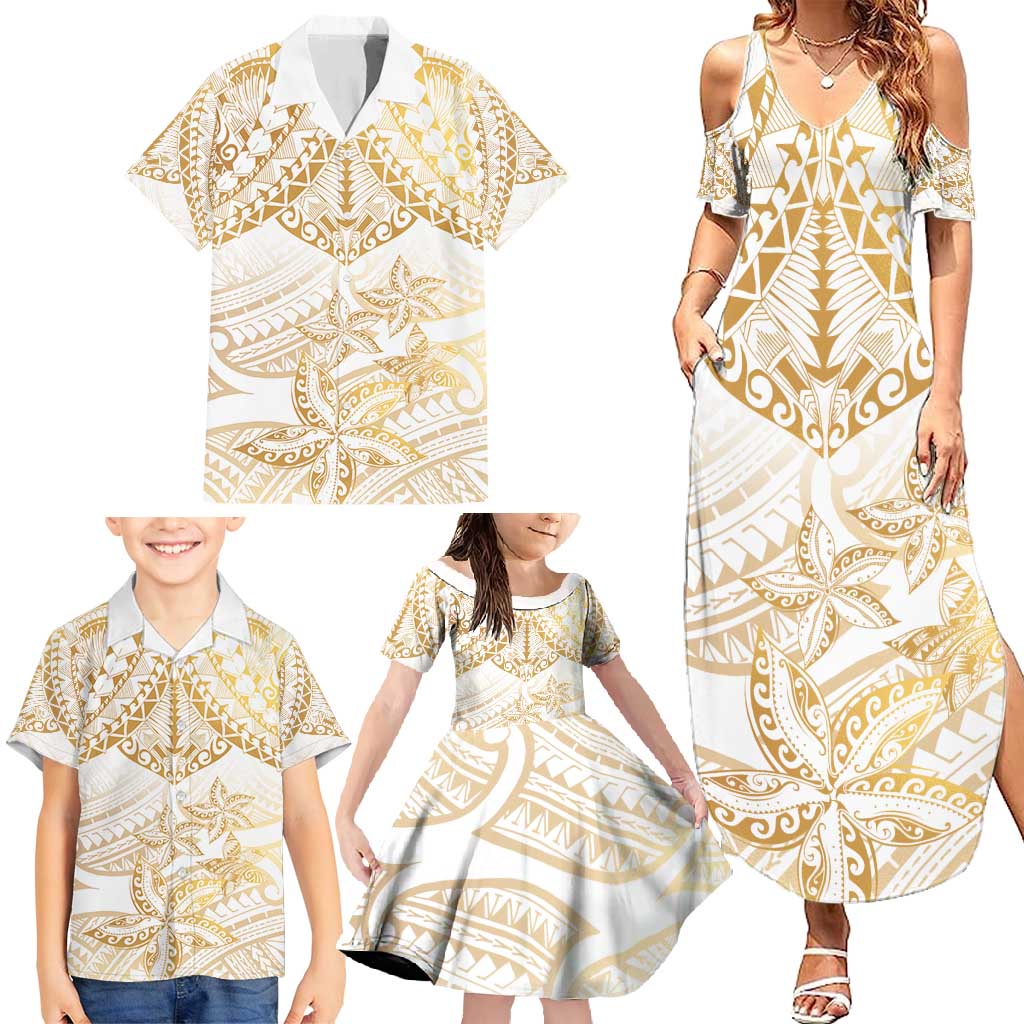 White and Gold Polynesia Family Matching Summer Maxi Dress and Hawaiian Shirt Plumeria Tattoo With Polynesian Pattern