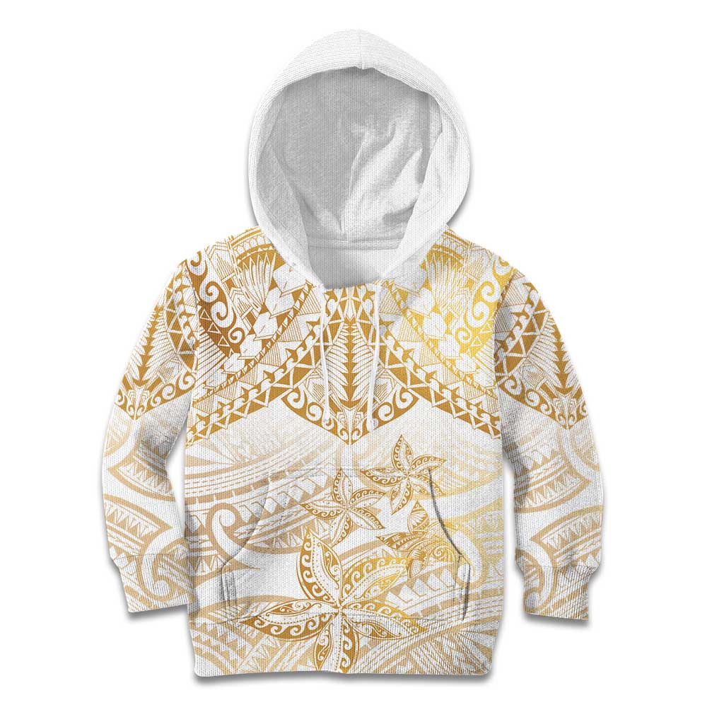 White and Gold Polynesia Kid Hoodie Plumeria Tattoo With Polynesian Pattern
