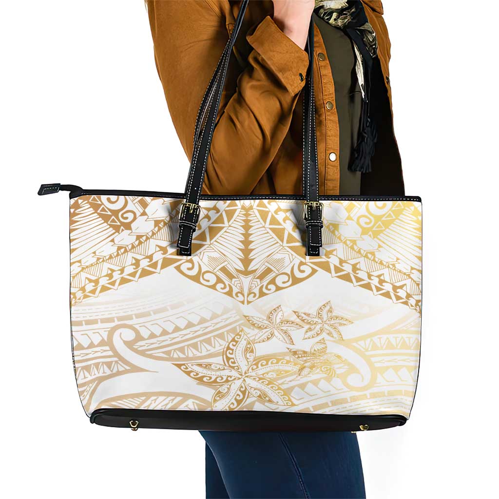 White and Gold Polynesia Leather Tote Bag Plumeria Tattoo With Polynesian Pattern LT14 - Polynesian Pride