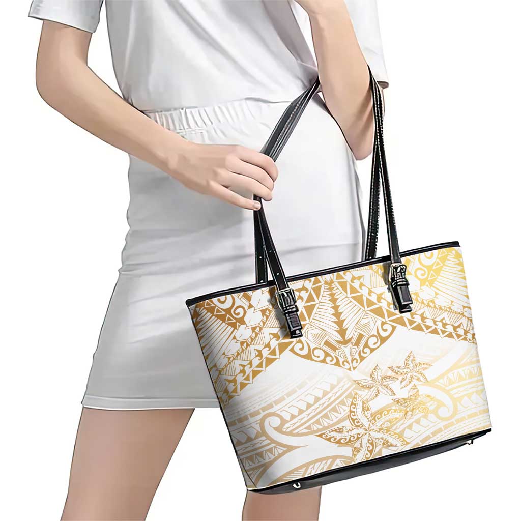 White and Gold Polynesia Leather Tote Bag Plumeria Tattoo With Polynesian Pattern LT14 - Polynesian Pride