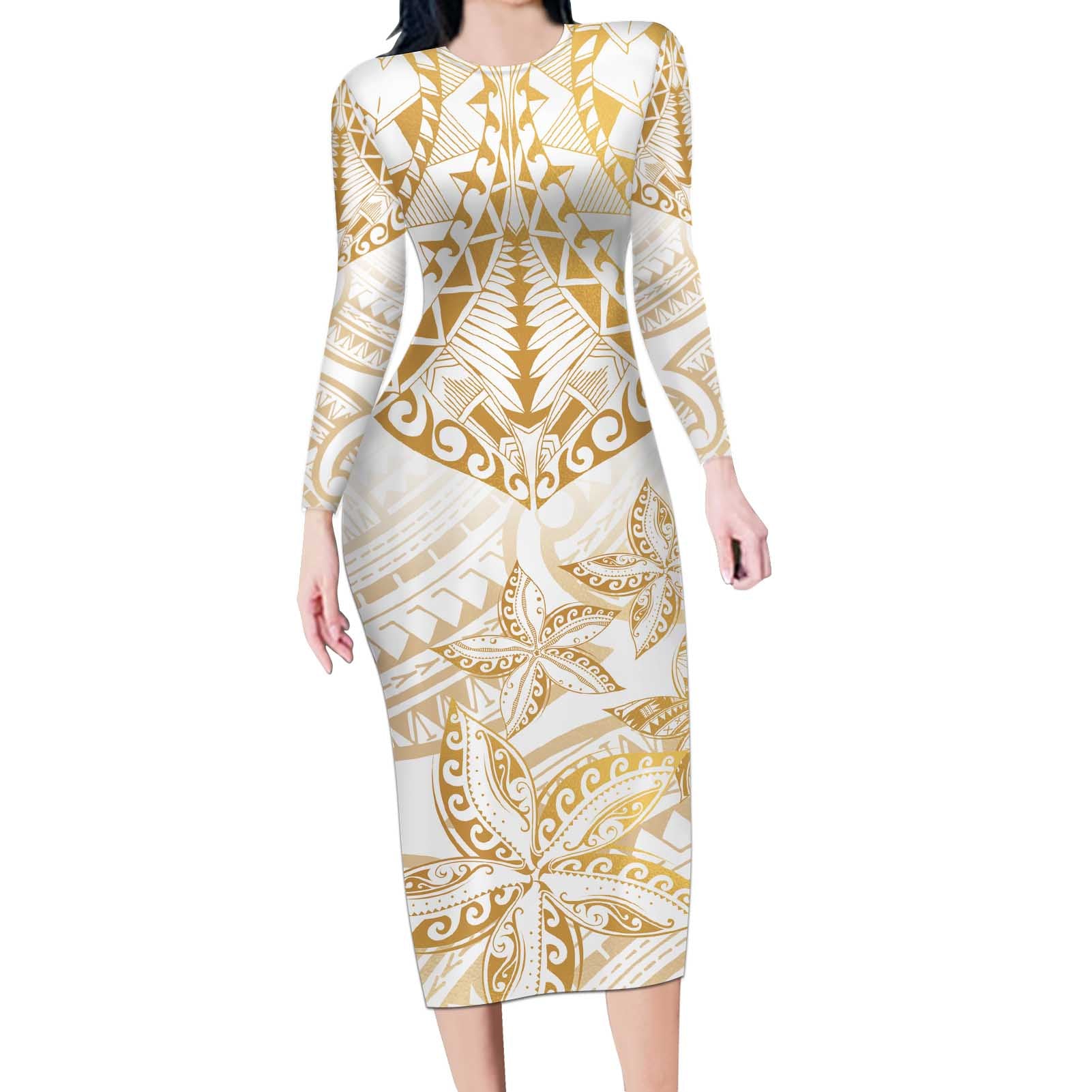 White and Gold Polynesia Long Sleeve Bodycon Dress Plumeria Tattoo With Polynesian Pattern