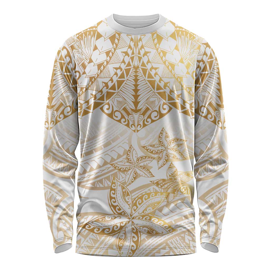 White and Gold Polynesia Long Sleeve Shirt Plumeria Tattoo With Polynesian Pattern