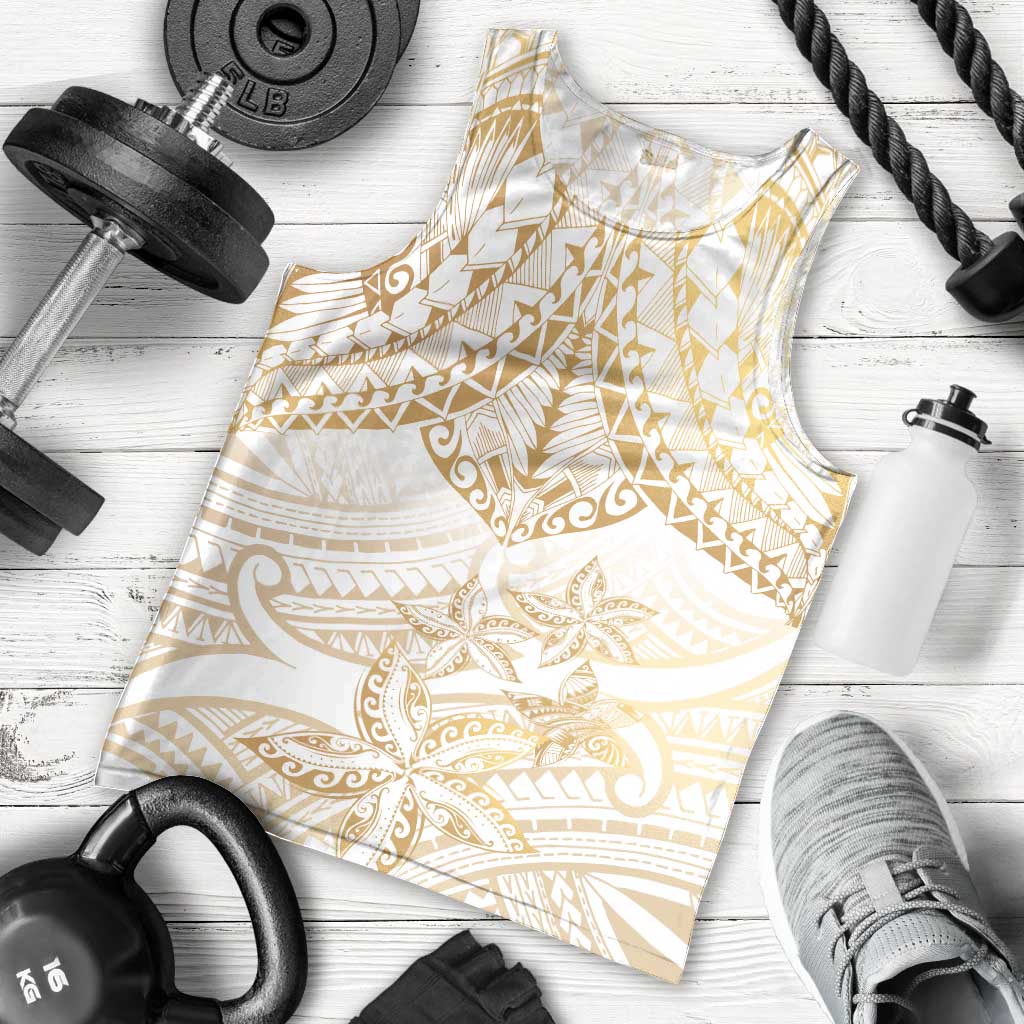 White and Gold Polynesia Men Tank Top Plumeria Tattoo With Polynesian Pattern LT14 - Polynesian Pride