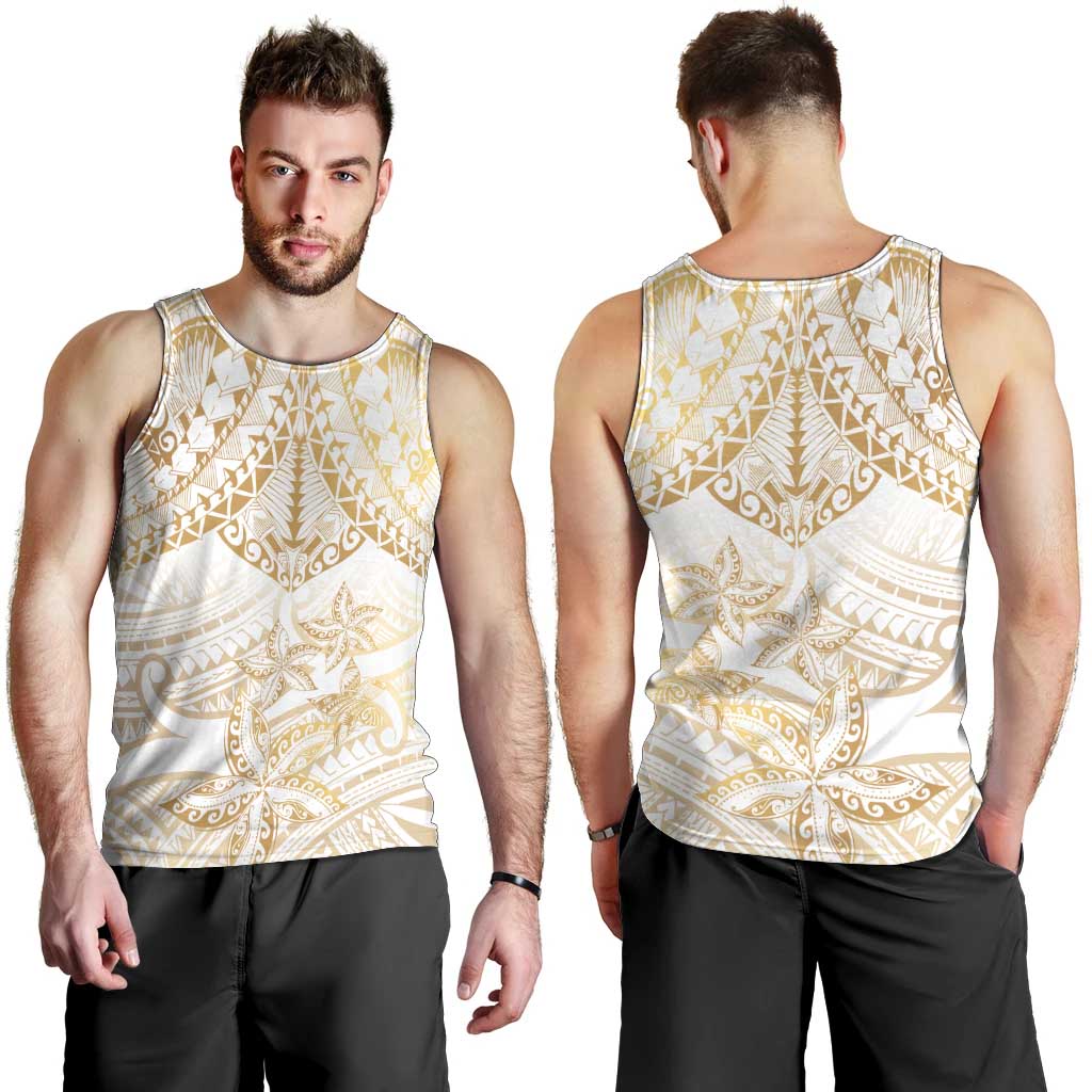 White and Gold Polynesia Men Tank Top Plumeria Tattoo With Polynesian Pattern LT14 - Polynesian Pride