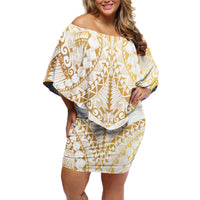 White and Gold Polynesia Off Shoulder Short Dress Plumeria Tattoo With Polynesian Pattern LT14 Women White - Polynesian Pride