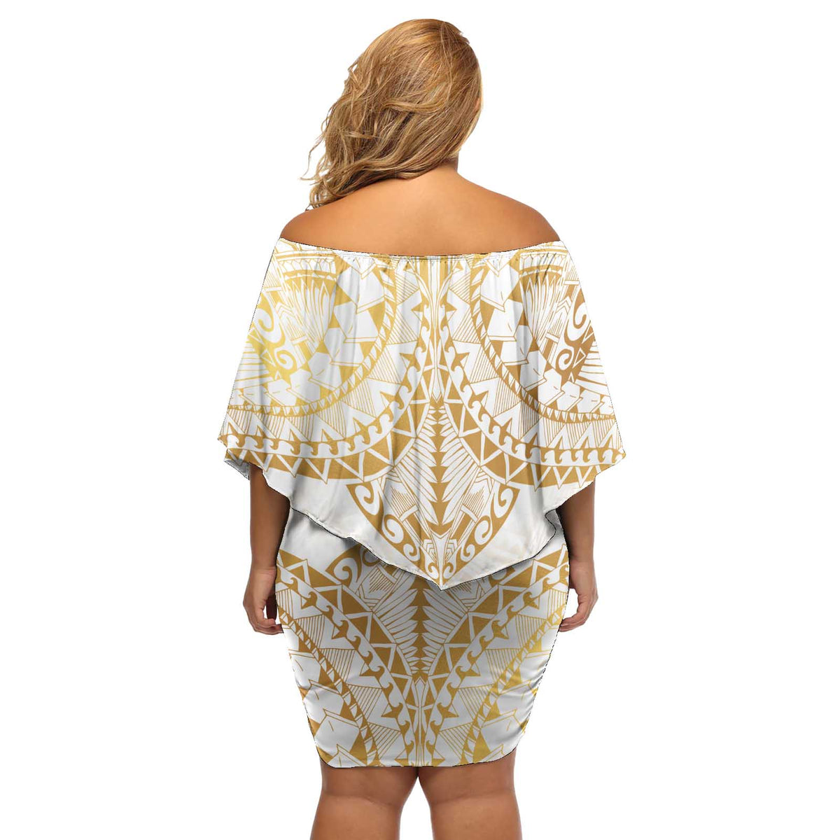 White and Gold Polynesia Off Shoulder Short Dress Plumeria Tattoo With Polynesian Pattern LT14 - Polynesian Pride