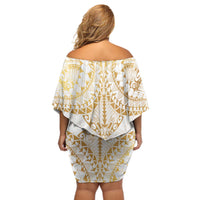 White and Gold Polynesia Off Shoulder Short Dress Plumeria Tattoo With Polynesian Pattern LT14 - Polynesian Pride