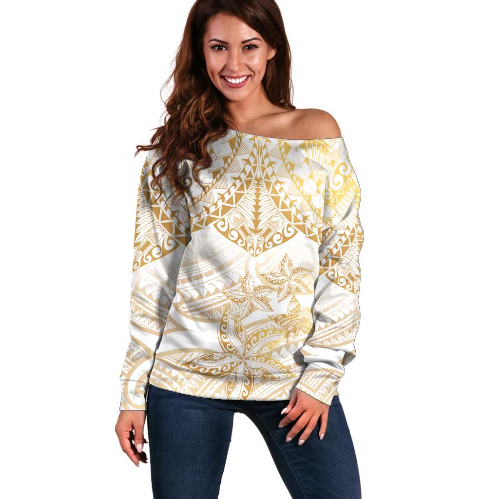 White and Gold Polynesia Off Shoulder Sweater Plumeria Tattoo With Polynesian Pattern