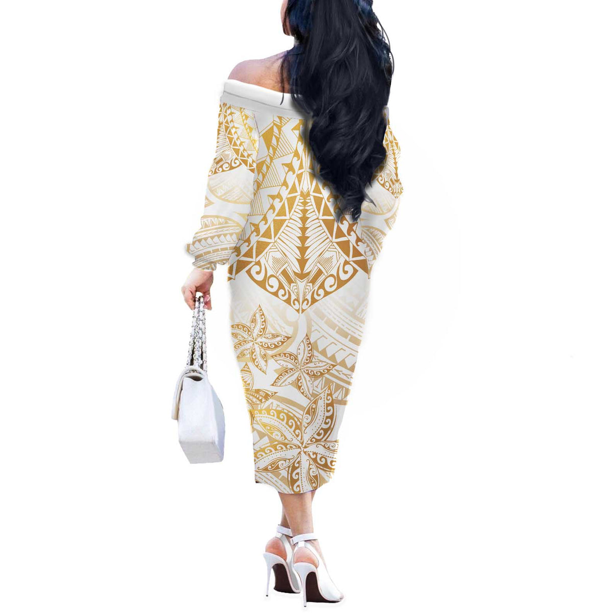 White and Gold Polynesia Off The Shoulder Long Sleeve Dress Plumeria Tattoo With Polynesian Pattern
