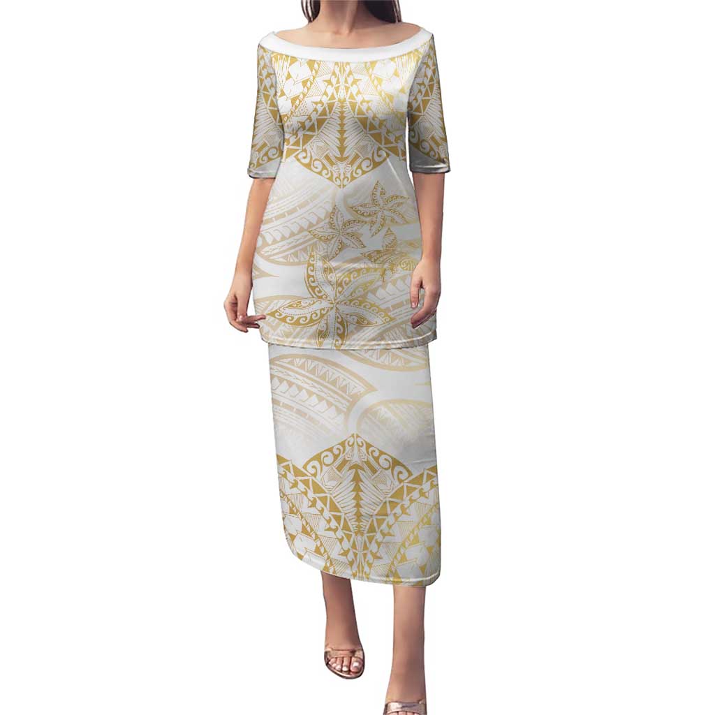 White and Gold Polynesia Puletasi Plumeria Tattoo With Polynesian Pattern LT14 Long Dress White - Polynesian Pride