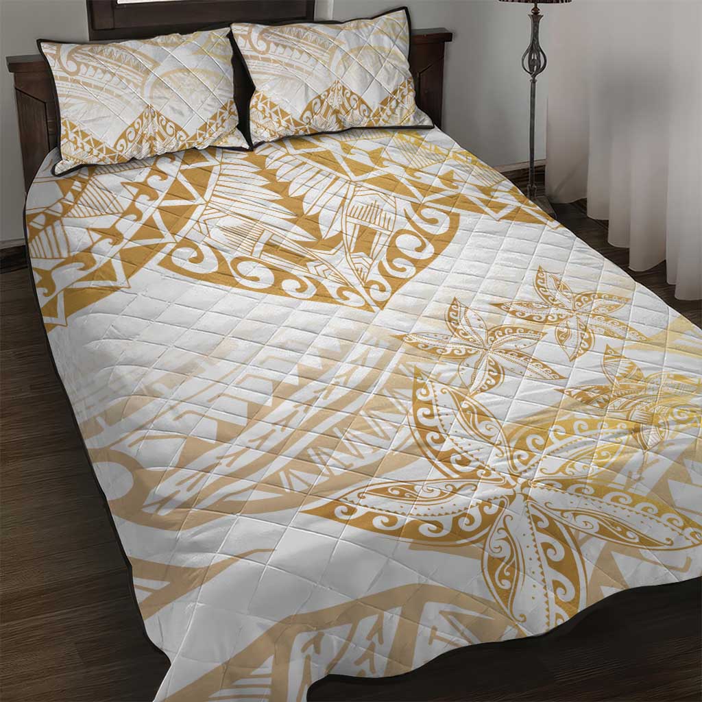 White and Gold Polynesia Quilt Bed Set Plumeria Tattoo With Polynesian Pattern