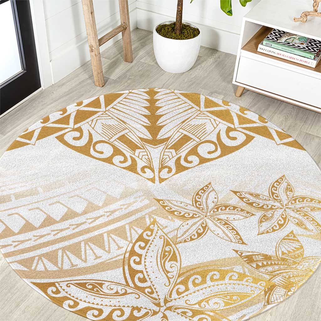 White and Gold Polynesia Round Carpet Plumeria Tattoo With Polynesian Pattern