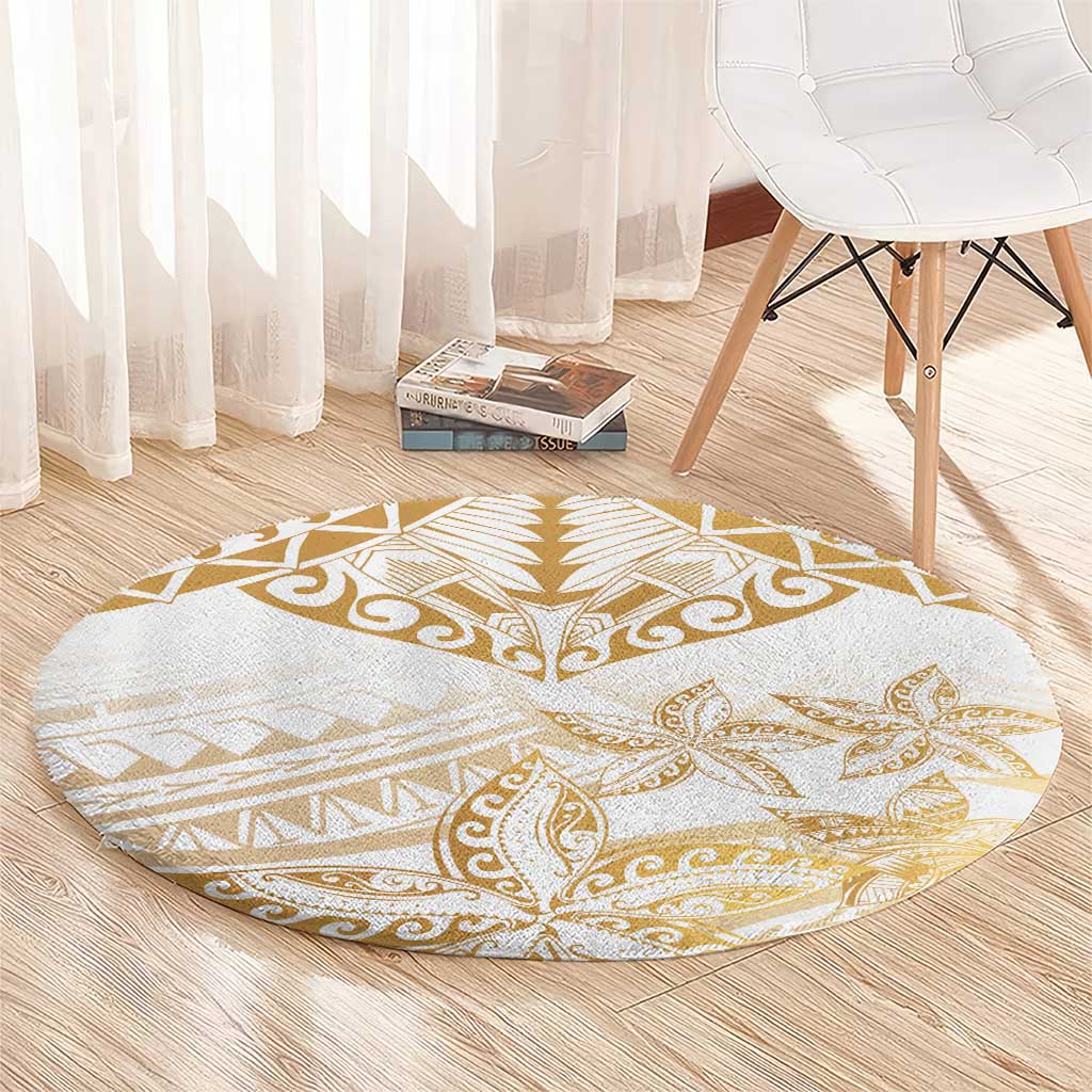 White and Gold Polynesia Round Carpet Plumeria Tattoo With Polynesian Pattern