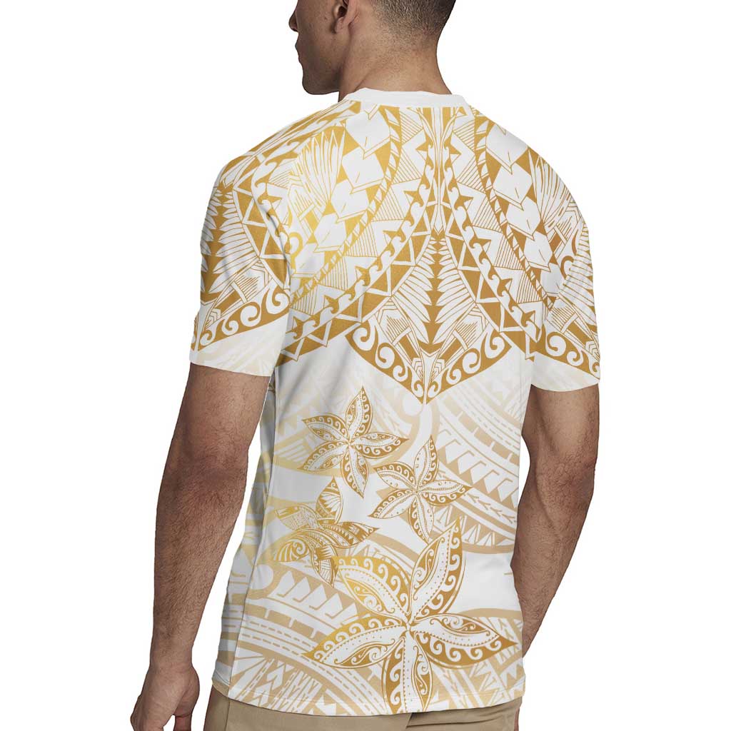 White and Gold Polynesia Rugby Jersey Plumeria Tattoo With Polynesian Pattern LT14 - Polynesian Pride