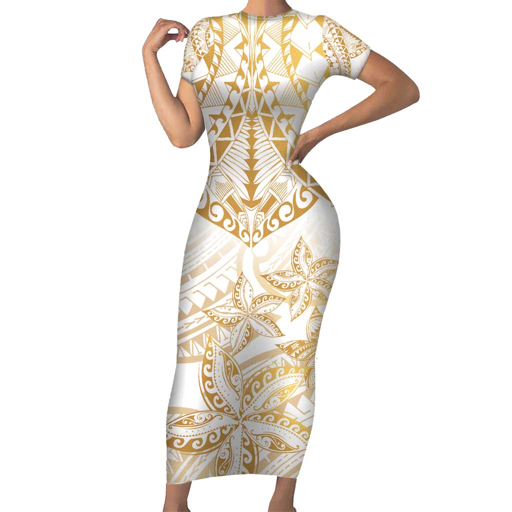 White and Gold Polynesia Short Sleeve Bodycon Dress Plumeria Tattoo With Polynesian Pattern