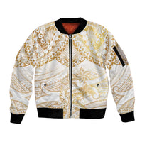 White and Gold Polynesia Sleeve Zip Bomber Jacket Plumeria Tattoo With Polynesian Pattern