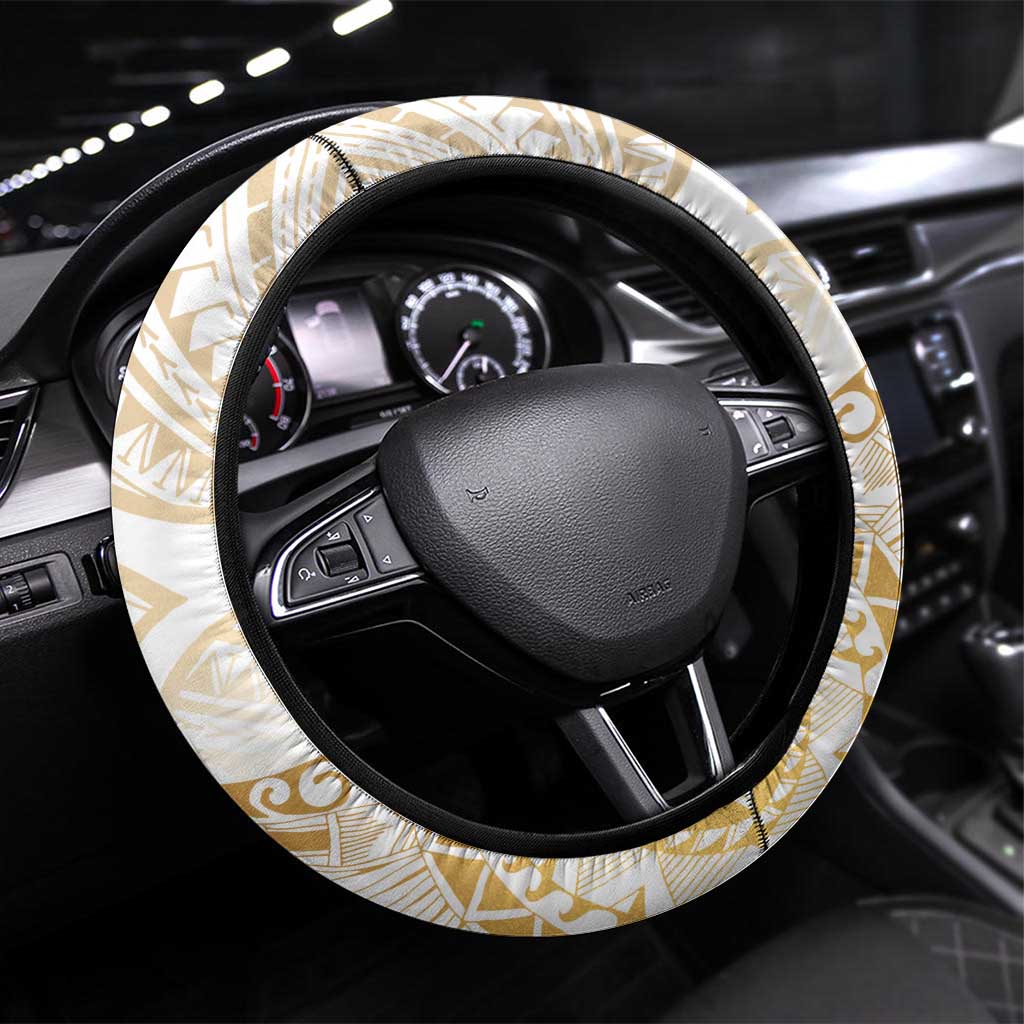 White and Gold Polynesia Steering Wheel Cover Plumeria Tattoo With Polynesian Pattern LT14 Universal Fit White - Polynesian Pride