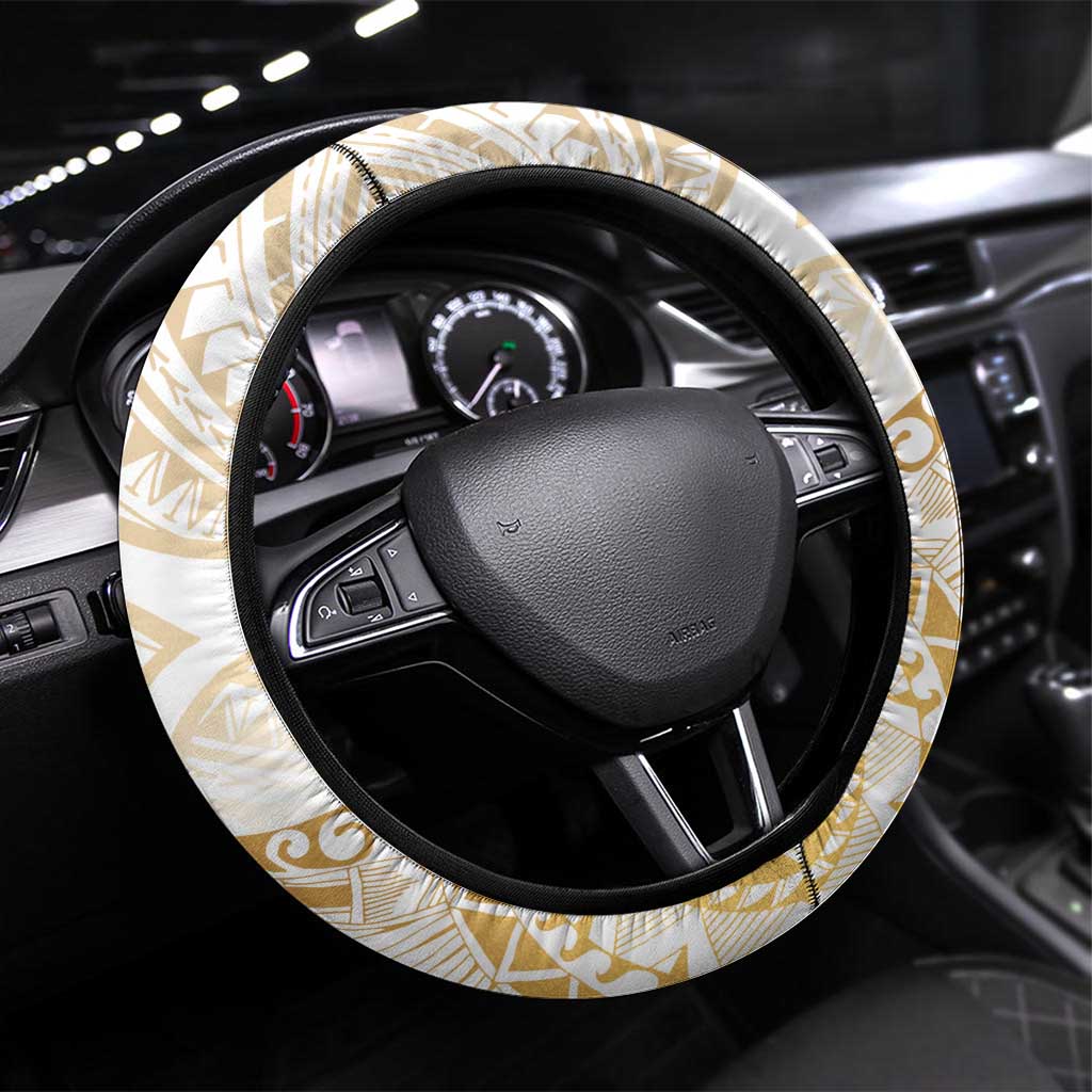 White and Gold Polynesia Steering Wheel Cover Plumeria Tattoo With Polynesian Pattern