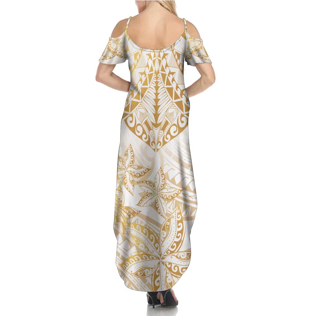 White and Gold Polynesia Summer Maxi Dress Plumeria Tattoo With Polynesian Pattern LT14 - Polynesian Pride