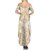 White and Gold Polynesia Summer Maxi Dress Plumeria Tattoo With Polynesian Pattern LT14 - Polynesian Pride