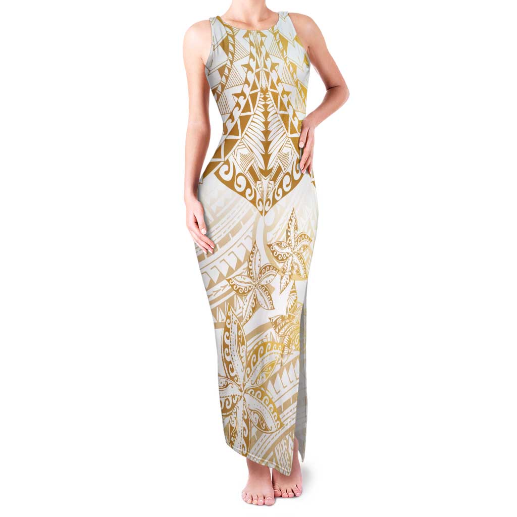 White and Gold Polynesia Tank Maxi Dress Plumeria Tattoo With Polynesian Pattern