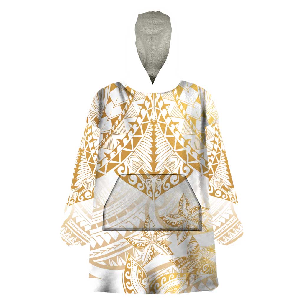 White and Gold Polynesia Wearable Blanket Hoodie Plumeria Tattoo With Polynesian Pattern LT14 One Size White - Polynesian Pride