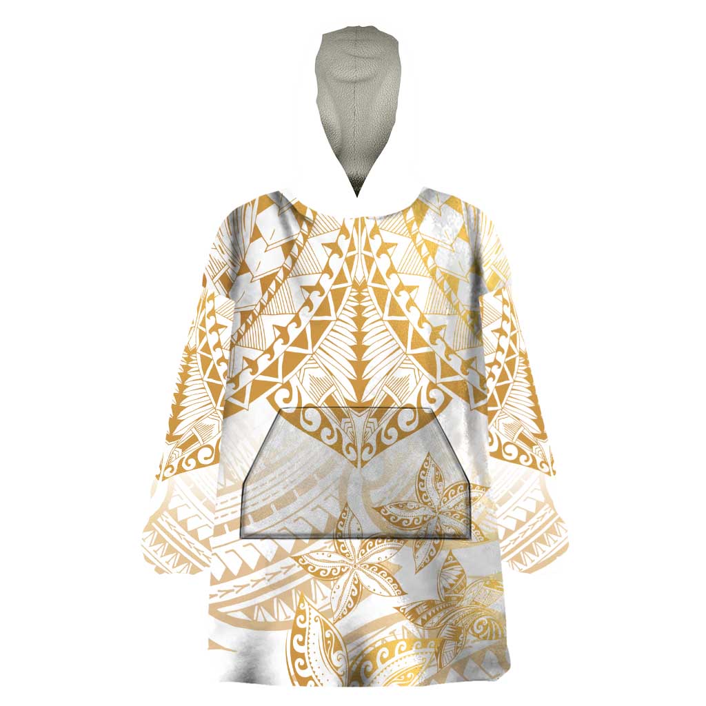 White and Gold Polynesia Wearable Blanket Hoodie Plumeria Tattoo With Polynesian Pattern