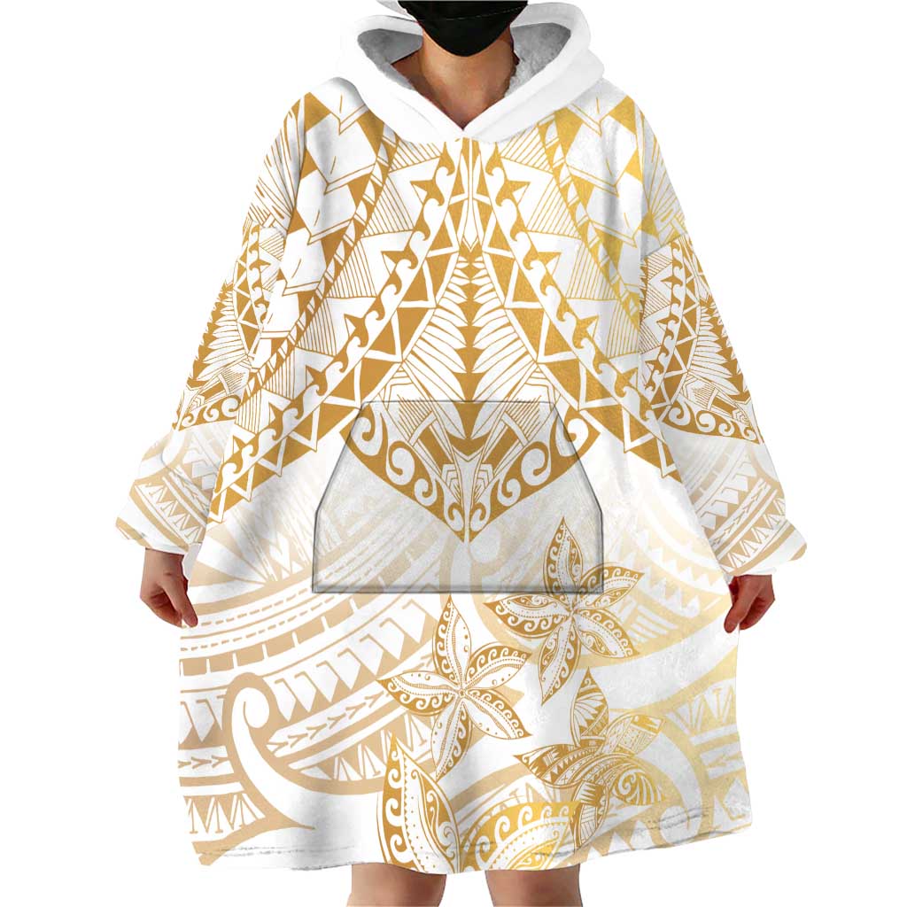 White and Gold Polynesia Wearable Blanket Hoodie Plumeria Tattoo With Polynesian Pattern LT14 - Polynesian Pride
