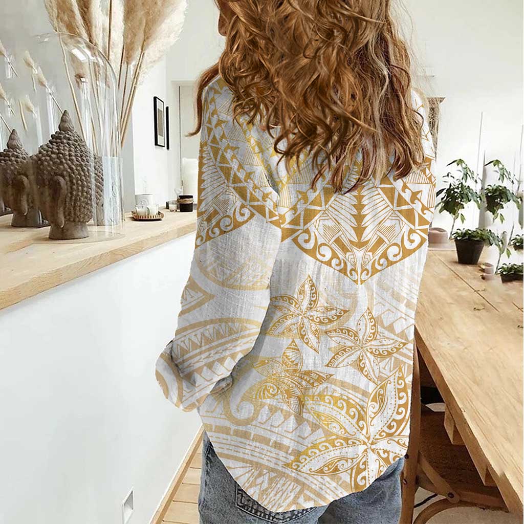 White and Gold Polynesia Women Casual Shirt Plumeria Tattoo With Polynesian Pattern