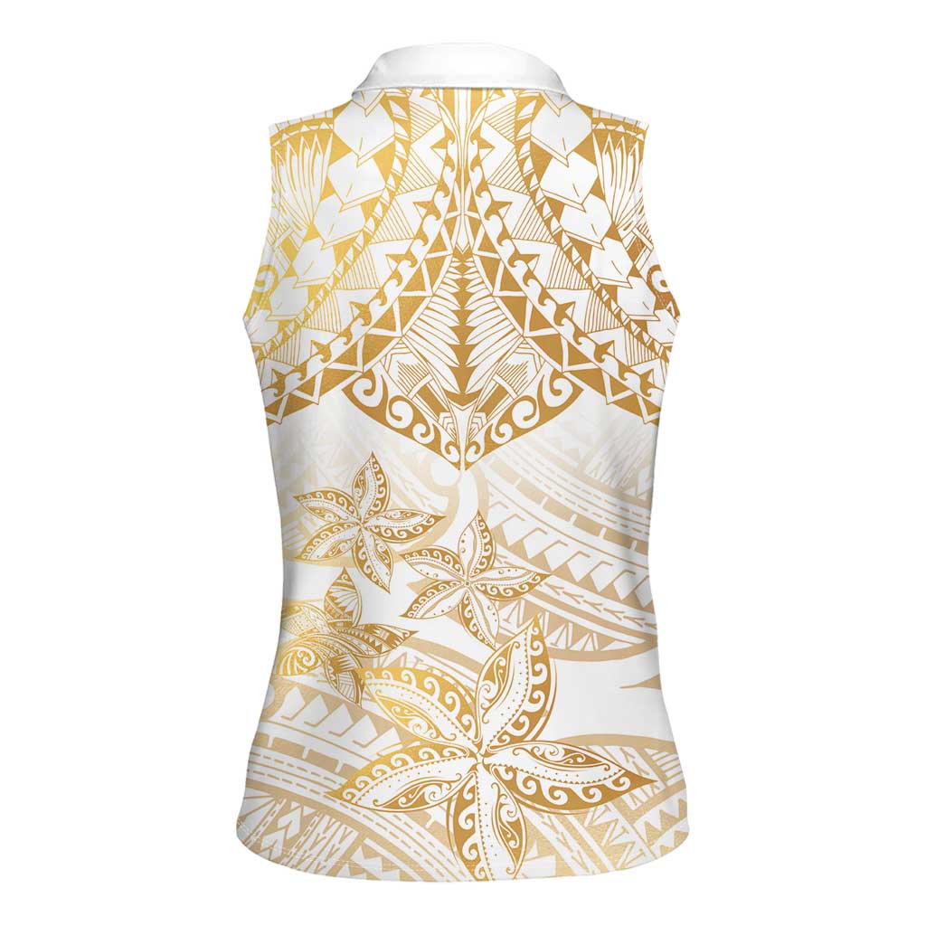 White and Gold Polynesia Women Sleeveless Polo Shirt Plumeria Tattoo With Polynesian Pattern