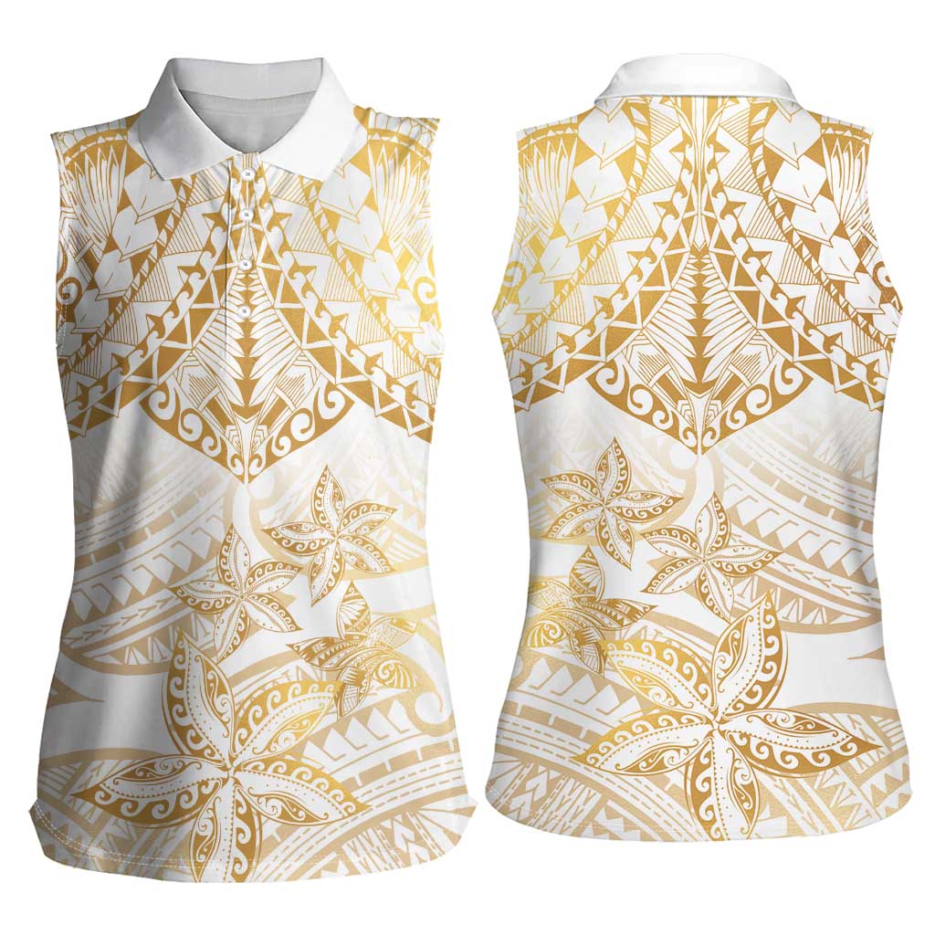 White and Gold Polynesia Women Sleeveless Polo Shirt Plumeria Tattoo With Polynesian Pattern