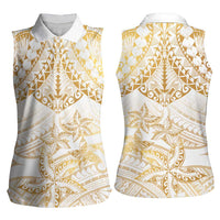 White and Gold Polynesia Women Sleeveless Polo Shirt Plumeria Tattoo With Polynesian Pattern