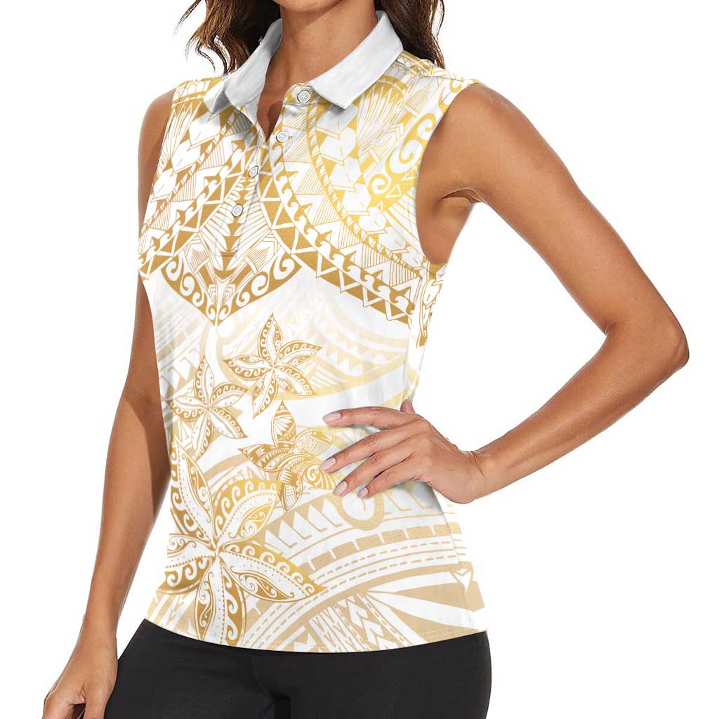 White and Gold Polynesia Women Sleeveless Polo Shirt Plumeria Tattoo With Polynesian Pattern