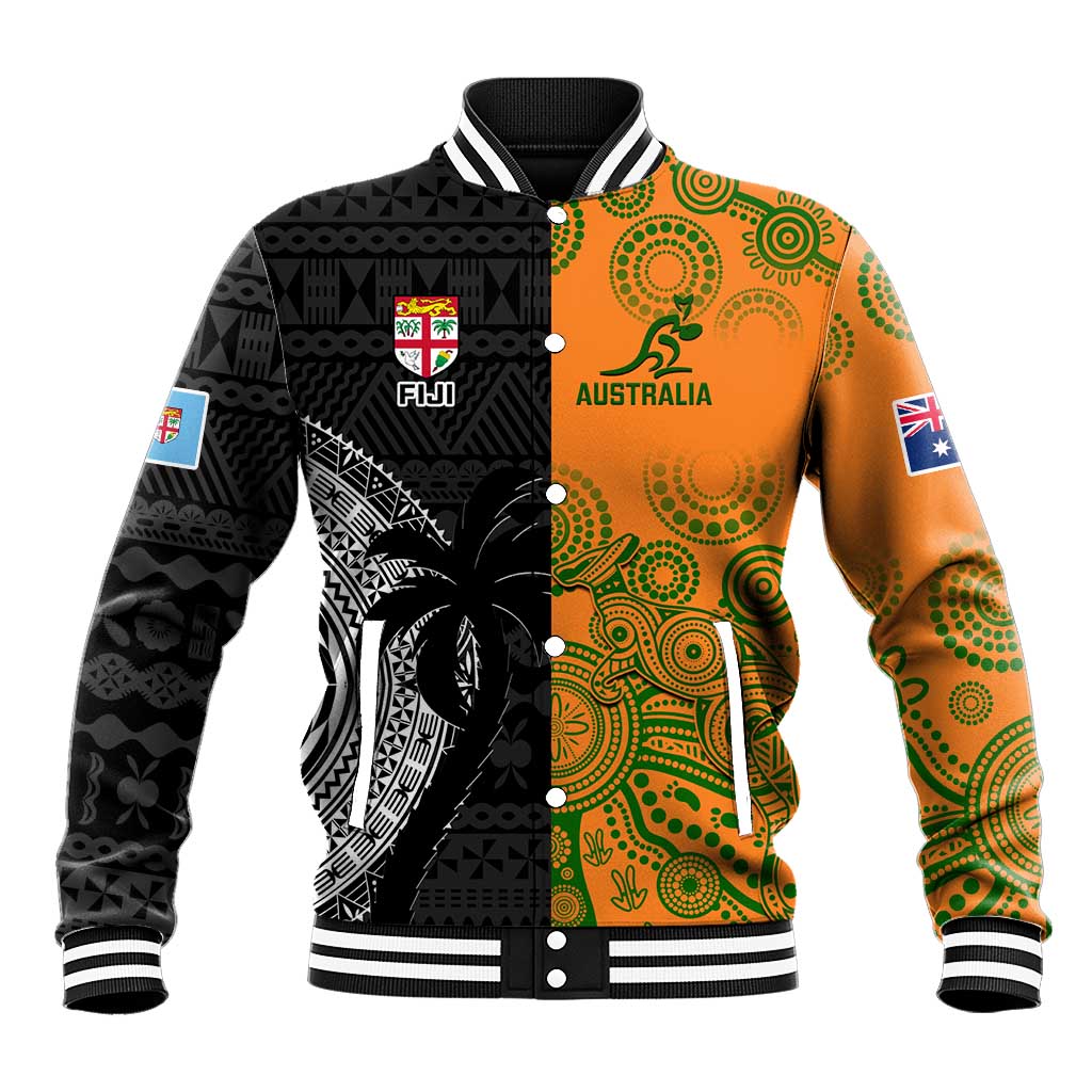 Custom Fiji And Australia Rugby Baseball Jacket Fijian Tapa Pattern With Aussie Aboriginal Art