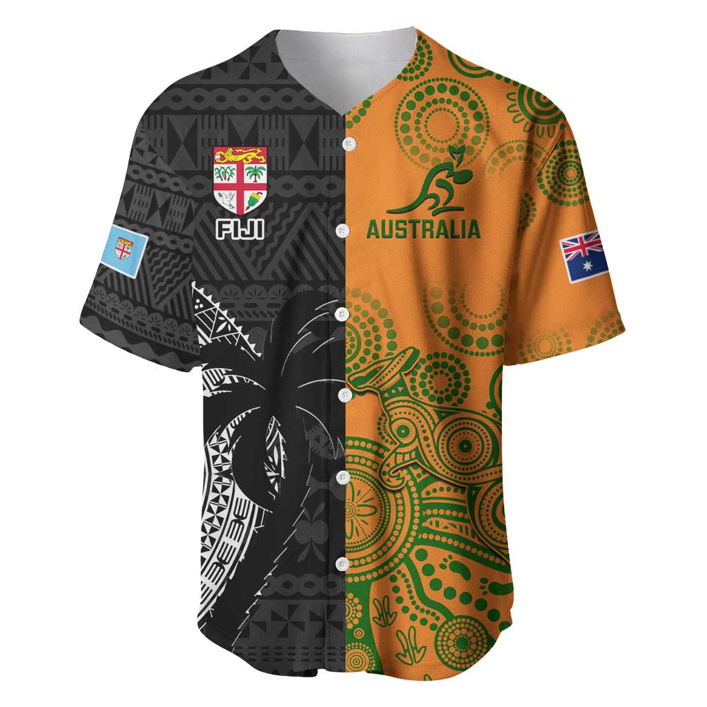 Custom Fiji And Australia Rugby Baseball Jersey Fijian Tapa Pattern With Aussie Aboriginal Art