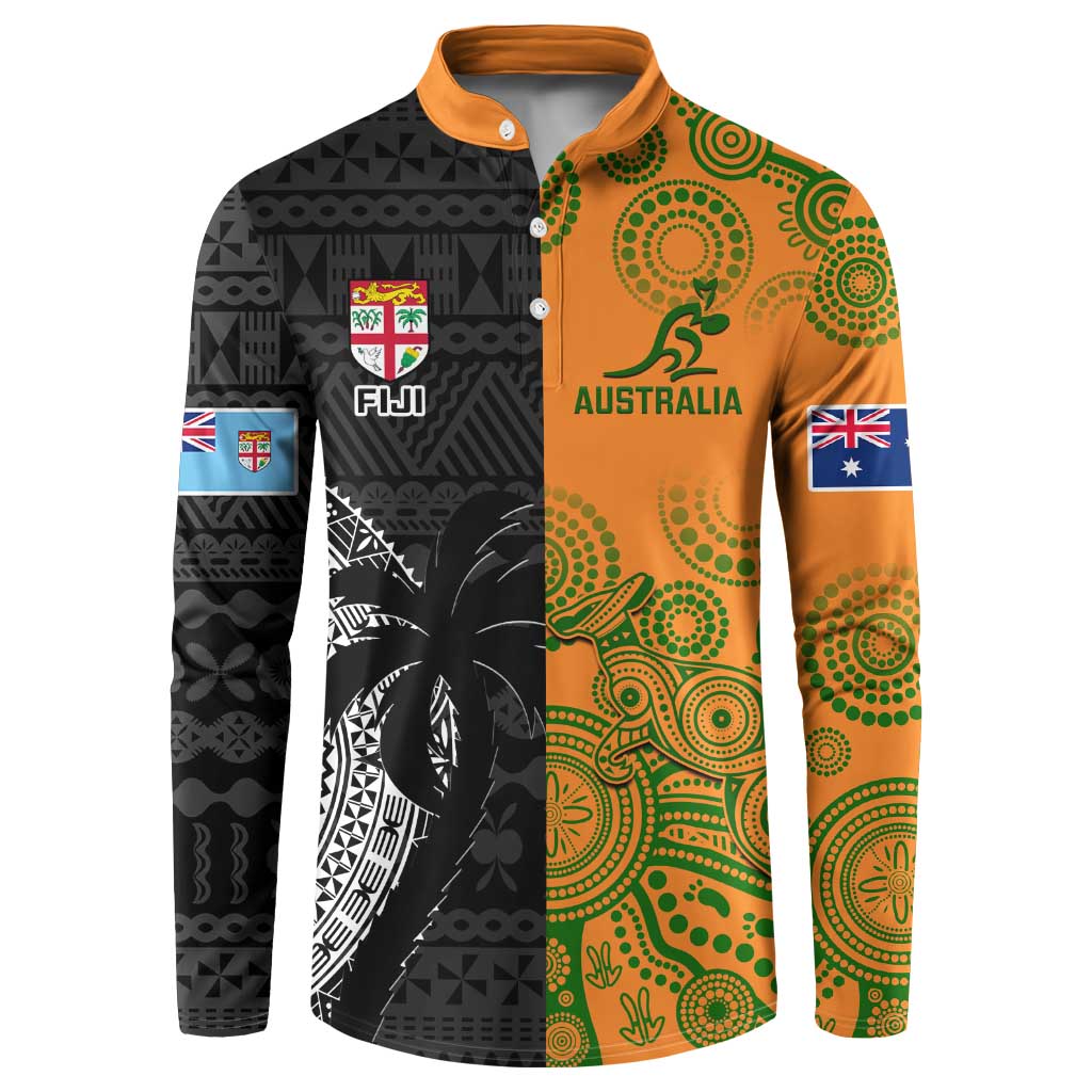 Custom Fiji And Australia Rugby Button Sweatshirt Fijian Tapa Pattern With Aussie Aboriginal Art