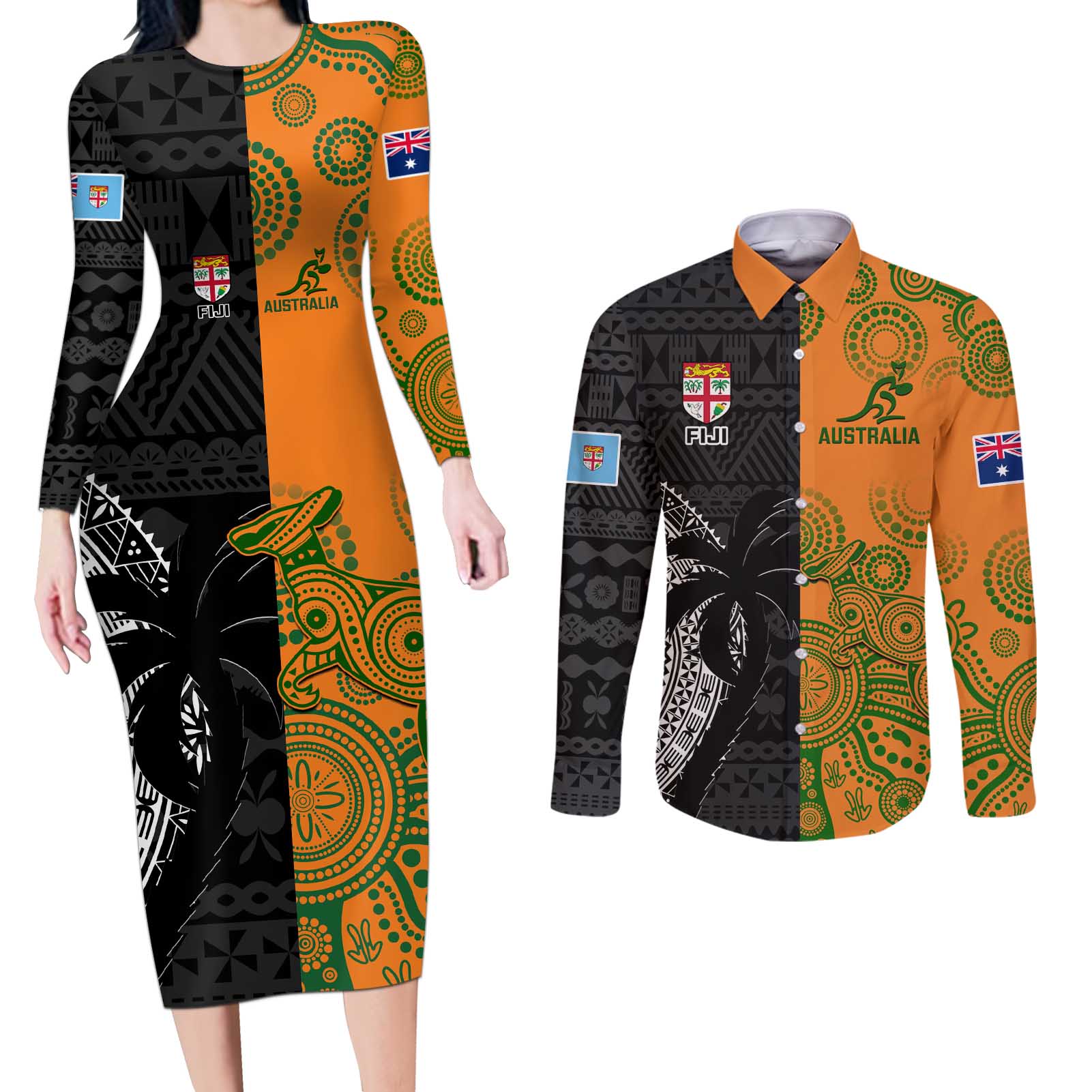 Custom Fiji And Australia Rugby Couples Matching Long Sleeve Bodycon Dress and Long Sleeve Button Shirt Fijian Tapa Pattern With Aussie Aboriginal Art