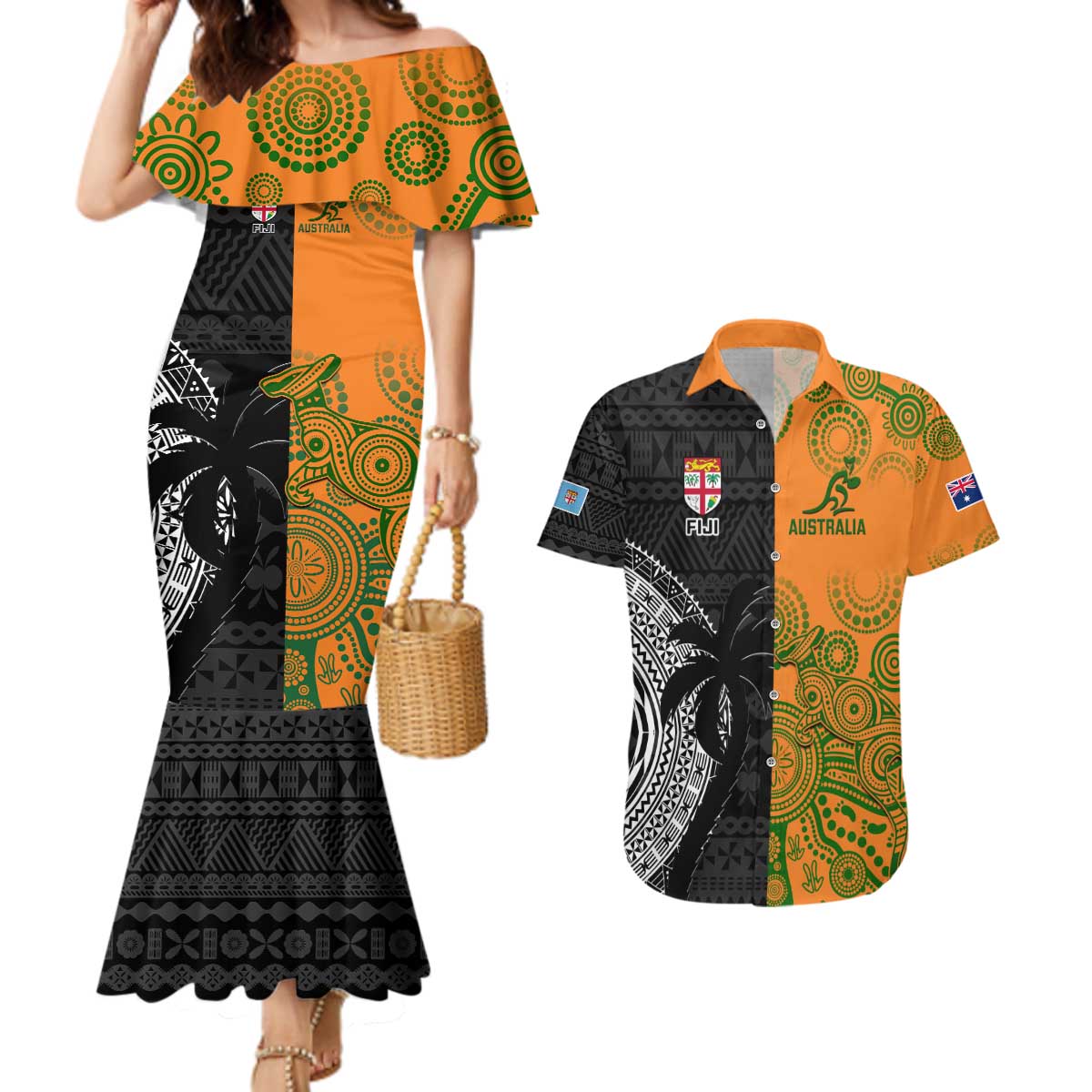 Custom Fiji And Australia Rugby Couples Matching Mermaid Dress and Hawaiian Shirt Fijian Tapa Pattern With Aussie Aboriginal Art