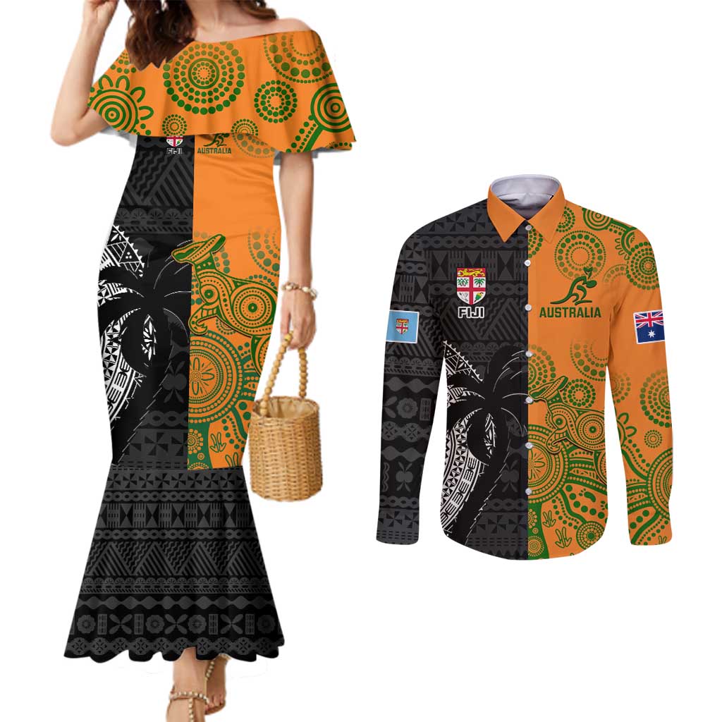 Custom Fiji And Australia Rugby Couples Matching Mermaid Dress and Long Sleeve Button Shirt Fijian Tapa Pattern With Aussie Aboriginal Art