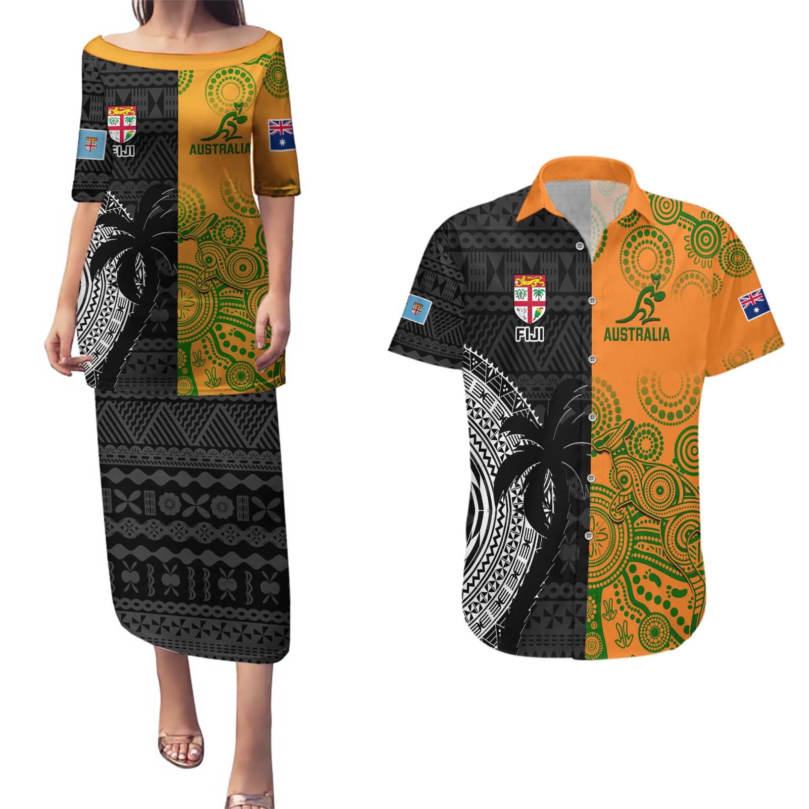 Custom Fiji And Australia Rugby Couples Matching Puletasi and Hawaiian Shirt Fijian Tapa Pattern With Aussie Aboriginal Art