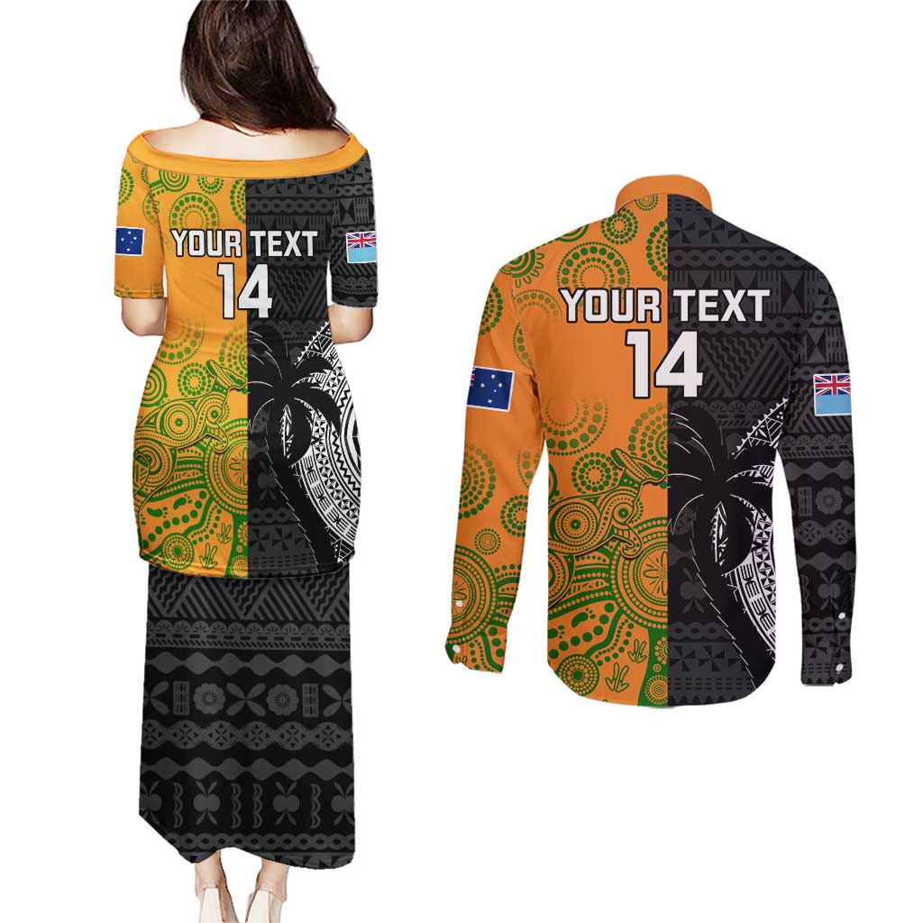 Custom Fiji And Australia Rugby Couples Matching Puletasi and Long Sleeve Button Shirt Fijian Tapa Pattern With Aussie Aboriginal Art