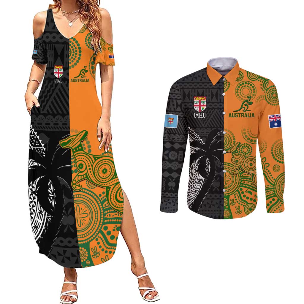 Custom Fiji And Australia Rugby Couples Matching Summer Maxi Dress and Long Sleeve Button Shirt Fijian Tapa Pattern With Aussie Aboriginal Art