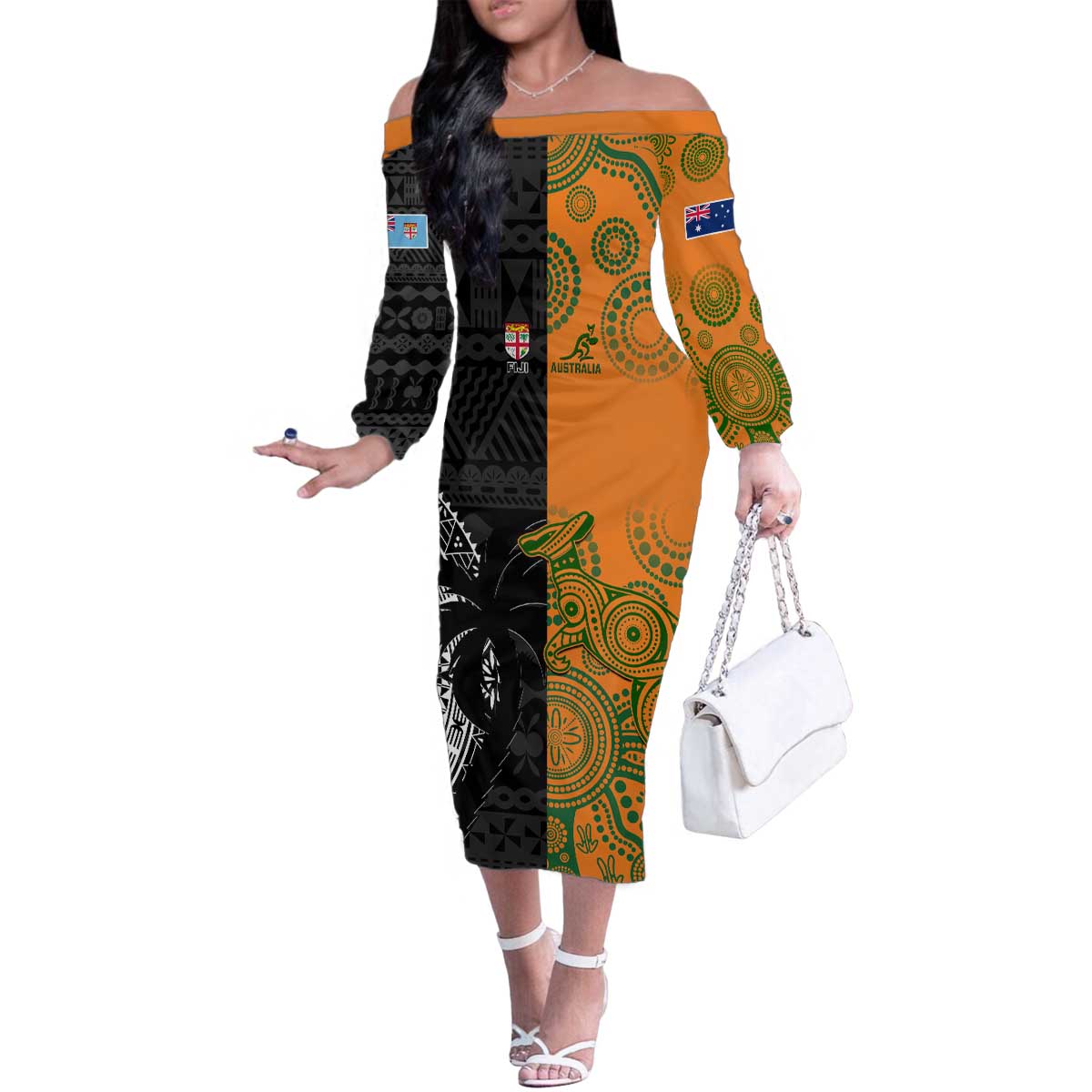 Custom Fiji And Australia Rugby Family Matching Off The Shoulder Long Sleeve Dress and Hawaiian Shirt Fijian Tapa Pattern With Aussie Aboriginal Art