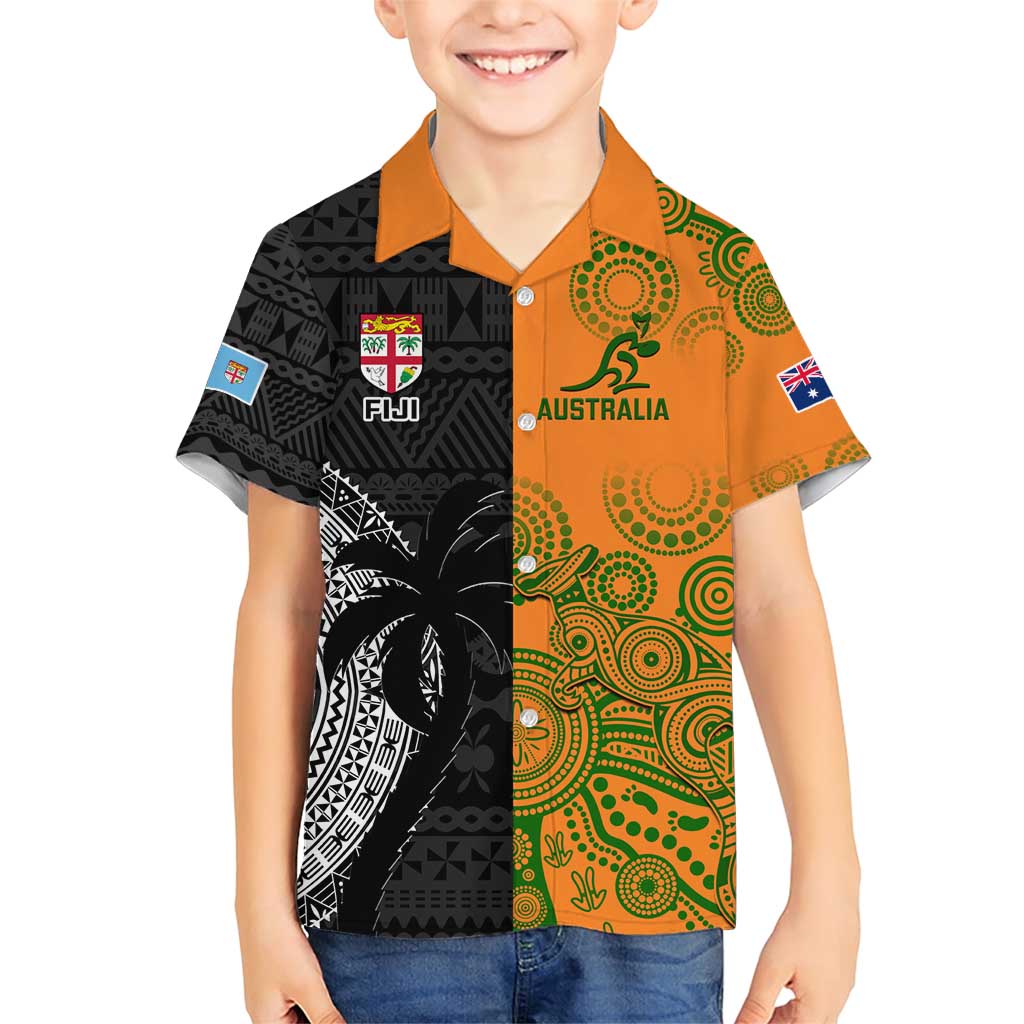 Custom Fiji And Australia Rugby Family Matching Short Sleeve Bodycon Dress and Hawaiian Shirt Fijian Tapa Pattern With Aussie Aboriginal Art