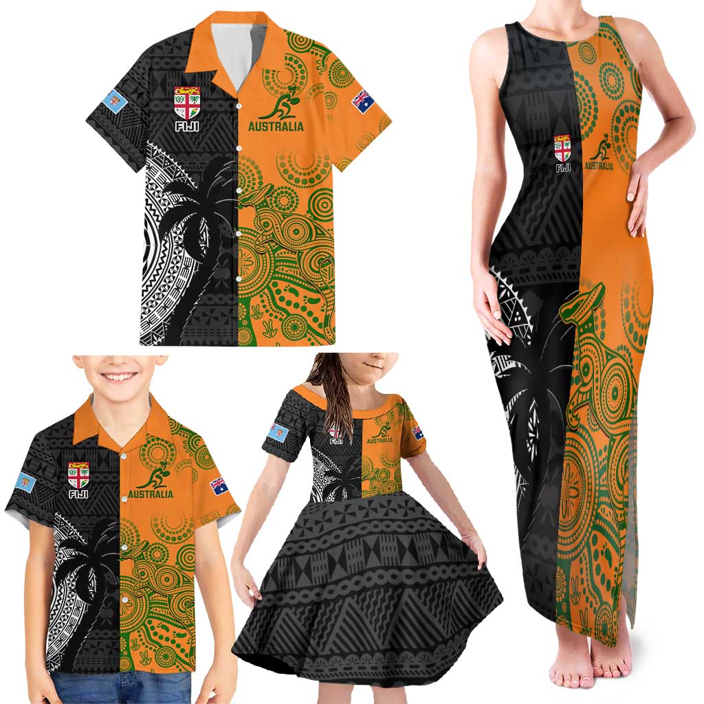 Custom Fiji And Australia Rugby Family Matching Tank Maxi Dress and Hawaiian Shirt Fijian Tapa Pattern With Aussie Aboriginal Art