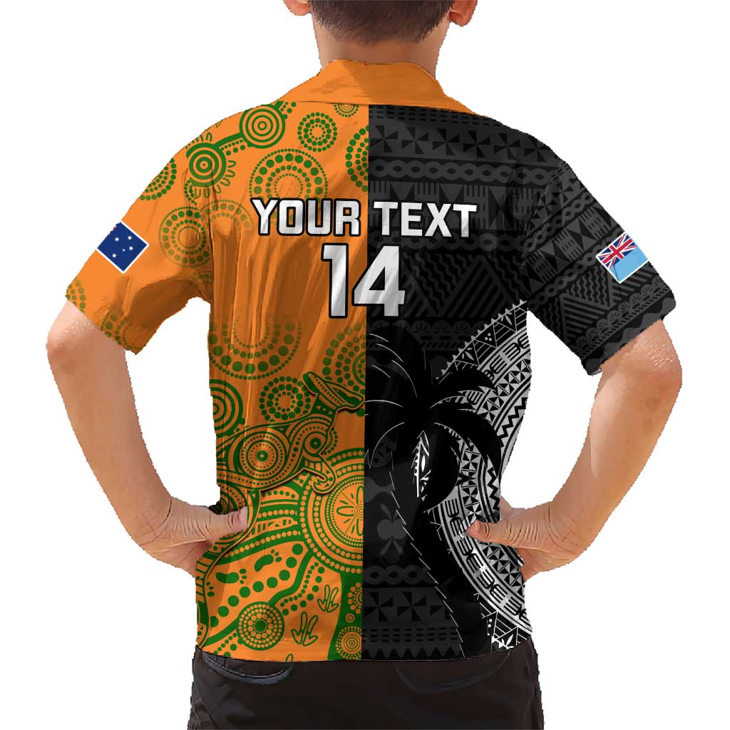 Custom Fiji And Australia Rugby Kid Hawaiian Shirt Fijian Tapa Pattern With Aussie Aboriginal Art