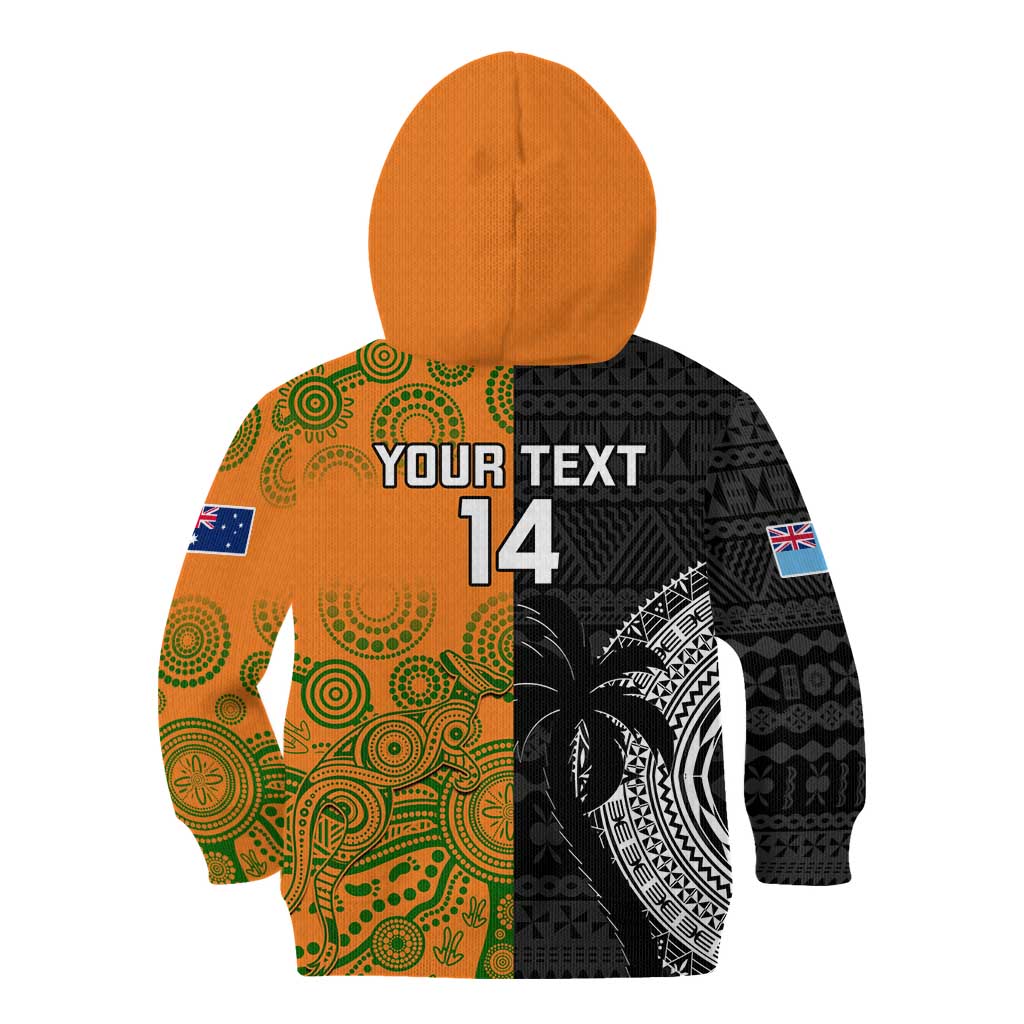 Custom Fiji And Australia Rugby Kid Hoodie Fijian Tapa Pattern With Aussie Aboriginal Art