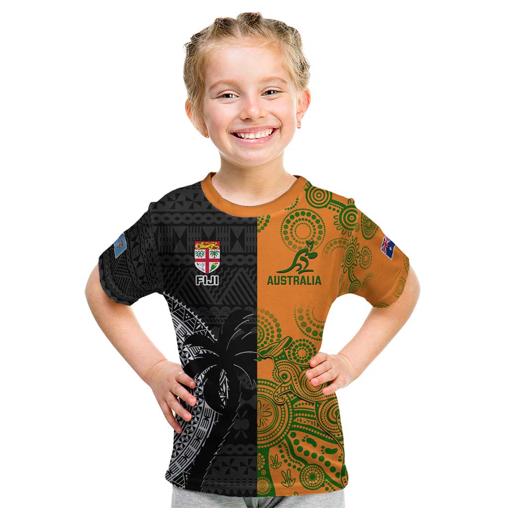 Custom Fiji And Australia Rugby Kid T Shirt Fijian Tapa Pattern With Aussie Aboriginal Art